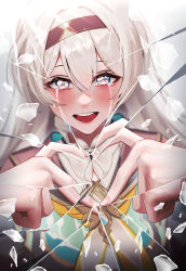 Rule 34 | 1girl, :d, absurdres, anoreika tomoe, black hairband, blush, commentary, crying, crying with eyes open, english commentary, firefly (honkai: star rail), hairband, heart, heart hands, highres, honkai: star rail, honkai (series), long hair, looking at viewer, neckerchief, open mouth, purple eyes, smile, solo, tears, upper body, very long hair, white hair, yellow neckerchief