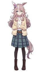 Rule 34 | 1girl, absurdres, animal ears, black pantyhose, blue eyes, boots, brown footwear, cardigan, cross-laced footwear, ear covers, full body, green skirt, grey hair, hair between eyes, highres, horse ears, horse girl, horse tail, jewelry, lace-up boots, long hair, looking at viewer, multicolored hair, necklace, open cardigan, open clothes, pantyhose, plaid, plaid skirt, shone, simple background, single ear cover, skirt, solo, streaked hair, sweater, tail, thick eyebrows, umamusume, white background, white hair, white sweater, wonder acute (umamusume)