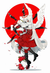 Rule 34 | 1girl, 21 ke, angel, angel wings, arms up, black footwear, black gloves, boots, covered mouth, cross, eyepatch, feathered wings, flower, flying, frilled skirt, frills, full body, gloves, hair between eyes, half gloves, halo, high-waist skirt, highres, holding, holding knife, holding weapon, knee boots, kneehighs, knife, latin cross, leaf, long hair, looking at viewer, one eye covered, original, petals, plant, red background, red eyes, red flower, red halo, red rose, red skirt, red socks, rose, single glove, skirt, sleeves past elbows, socks, solo, spiked halo, sweater, very long hair, vines, weapon, white background, white hair, white sweater, white wings, wings