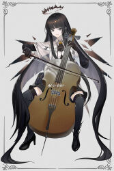 Rule 34 | 1girl, absurdly long hair, antenna hair, arknights, artist name, ascot, belt, belt buckle, black ascot, black eyes, black footwear, black gloves, black hair, black halo, black pouch, black shirt, black skirt, black thighhighs, black wings, blunt bangs, bow (music), broken halo, buckle, buttons, card, card background, cello, chinese commentary, cigarette p, closed mouth, collared jacket, colored inner hair, commentary request, dark halo, detached wings, dress shirt, energy wings, full body, gloves, grey hair, halo, hands up, high heels, highres, hime cut, holding, holding bow (music), holding instrument, holding violin, instrument, invisible chair, invisible floor, jacket, layered sleeves, light smile, long hair, long sleeves, looking at viewer, miniskirt, mole, mole under eye, multicolored hair, music, pale skin, playing, playing instrument, pleated skirt, pouch, shirt, short over long sleeves, short-sleeved jacket, short sleeves, sidelocks, simple background, sitting, skirt, solo, spread legs, strappy heels, thighhighs, two-tone hair, very long hair, violin, virtuosa (arknights), weibo logo, weibo watermark, white background, white belt, white jacket, wide sleeves, wings, zettai ryouiki