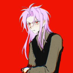 Rule 34 | 1boy, black vest, blood, blood on clothes, brown sweater, chinese commentary, chromatic aberration, commentary request, hatsutori hajime, highres, kyoko (akakikyoko), long hair, long sleeves, male focus, parted bangs, pink hair, red background, red eyes, saibou shinkyoku, sanpaku, simple background, solo, sweater, turtleneck, turtleneck sweater, upper body, vest