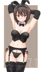 Rule 34 | 1girl, animal ears, armpits, arms behind head, arms up, black bow, black bowtie, black footwear, black garter belt, black gloves, black panties, black shirt, blush, boots, bow, bowtie, breasts, brown eyes, brown hair, closed mouth, coat, commentary, cowboy shot, crop top, cross, dated, detached collar, elbow gloves, fake animal ears, frown, garter belt, girls und panzer, gloves, grey background, highres, iron cross, lingerie, looking at viewer, medium breasts, navel, nishizumi maho, nontraditional playboy bunny, outline, outside border, panties, rabbit ears, shirt, short hair, side-tie panties, solo, standing, strapless, string panties, sweatdrop, thigh boots, thighhighs, underwear, underwear only, uona telepin, white coat, yellow outline