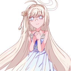 Rule 34 | 1girl, ahoge, blonde hair, blue eyes, blue nails, blush stickers, bright pupils, chain, crymachina, double halo, dress, enoa (crymachina), flower, gold, gold chain, golden rose, halo, happy, headband, highres, long hair, looking at viewer, nail polish, noctishy, own hands together, rose, sidelocks, simple background, smile, solo, very long hair, white background, white dress, white flower, white halo, white pupils, white rose
