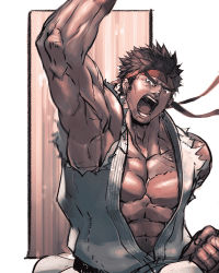 Rule 34 | 1boy, abs, bara, black hair, facial hair, headband, large pectorals, looking at viewer, male focus, muscular, nikism, pectorals, ryu (street fighter), solo, street fighter, street fighter ii (series), stubble, toned, toned male