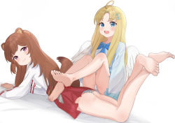 Rule 34 | 2girls, absurdres, aged down, animal ears, barefoot, bird wings, blonde hair, blue eyes, blush, brown hair, child, dress, feathered wings, filo (tate no yuusha no nariagari), highres, japanese clothes, long hair, long sleeves, looking at viewer, lying, miko, mizumi kamijo, multiple girls, on stomach, open mouth, panties, raccoon ears, raccoon girl, raccoon tail, raphtalia, simple background, smile, soles, striped clothes, striped panties, tail, tate no yuusha no nariagari, thighs, toes, underwear, very long hair, white background, white dress, white panties, white wings, wings