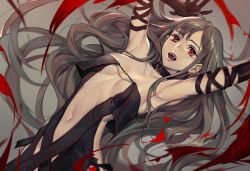 Rule 34 | 1girl, arms up, black dress, breasts, brown hair, center opening, choker, cleavage, collarbone, dress, earrings, elbow gloves, fate/grand order, fate (series), gloves, jewelry, long hair, looking at viewer, lucidsky, lying, medium breasts, navel, on back, open mouth, red eyes, solo, strapless, strapless dress, very long hair, yu mei-ren (fate)