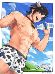 Rule 34 | 1boy, abs, animal ears, animal print, bara, bell, bottle, boxers, bulge, chinese zodiac, collar, cow boy, cow ears, cow horns, cow print, cow tail, cowboy shot, dutch angle, facial hair, food on body, happy new year, highres, horns, lactation, looking at viewer, male focus, male lactation, male underwear, milk bottle, muscular, muscular male, nantaimori, navel, neck bell, new year, nipples, open mouth, original, pectorals, short hair, sideburns, smile, solo, spilled milk, spilling, stubble, tail, thighs, torakichi (ebitendon), underwear, underwear only, year of the ox