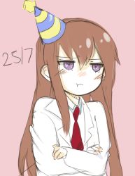 Rule 34 | 1girl, :t, blush, brown hair, crossed arms, hat, lab coat, long hair, makise kurisu, necktie, party hat, pink background, pout, purple eyes, simple background, steins;gate, tagicrabbu