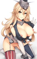 Rule 34 | 10s, 1girl, breasts, cleavage, collarbone, elbow gloves, flag print, garter belt, garter straps, gloves, grey eyes, headgear, highres, iowa (kancolle), kantai collection, kneeling, large breasts, long hair, looking at viewer, nipples, no bra, no panties, no pants, shirt, shirt tug, smile, solo, star-shaped pupils, star (symbol), striped clothes, striped thighhighs, symbol-shaped pupils, thighhighs, tied shirt, tony guisado, very long hair