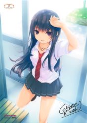Rule 34 | 1girl, absurdres, arm up, artist name, black hair, black skirt, buttons, coffee-kizoku, collarbone, copyright request, highres, indoors, jewelry, leg up, long hair, looking at viewer, miniskirt, necklace, necktie, pleated skirt, purple eyes, school uniform, shirt, short sleeves, skirt, smile, solo, standing, standing on one leg, thighs, white shirt