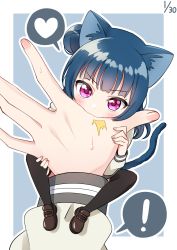 Rule 34 | !, 2girls, ^^^, animal ears, biting, biting another&#039;s hand, biting hand, black legwear, blue background, blue hair, blush, brown footwear, cat ears, cat tail, dated, deadnooodles, female pov, hair bun, heart, highres, kemonomimi mode, loafers, long hair, long sleeves, looking at viewer, love live!, love live! sunshine!!, mini person, minigirl, multiple girls, outline, pov, pov hands, purple eyes, shoes, side bun, simple background, single side bun, solo focus, spoken exclamation mark, spoken heart, sweat, tail, thighhighs, tsushima yoshiko, v-shaped eyebrows, white outline