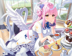 Rule 34 | 1girl, angel wings, black tea, blue archive, blush, breasts, cake, capelet, chair, closed mouth, crescent, crescent pin, cup, dress, feathered wings, feathers, flower, food, fork, fruit, hair bun, hair flower, hair ornament, halo, highres, holding, holding fork, indoors, large breasts, long hair, lu b, mika (blue archive), pantyhose, pink hair, pink halo, purple flower, single side bun, smile, solo, strawberry, swiss roll, tea, white capelet, white dress, white pantyhose, white wings, wings, yellow eyes
