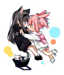Rule 34 | 2girls, akemi homura, animal ears, backpack, bag, black footwear, black hair, black hairband, black hoodie, cat ears, chibi, commentary, creature, expressionless, eye contact, face-to-face, feet up, from side, full body, hair ribbon, hairband, highres, holding hands, hood, hood down, hoodie, in bag, in container, interlocked fingers, kaname madoka, kemonomimi mode, kyubey, legs together, light blush, long hair, looking at another, mahou shoujo madoka magica, mahou shoujo madoka magica (anime), mamasna (mattna mmm), multiple girls, no mouth, pink eyes, pink hair, polka dot, polka dot background, profile, purple eyes, rabbit ears, rabbit tail, ribbon, shoes, simple background, symbol-only commentary, tail, tareme, twintails, white background, white footwear, white hoodie, white ribbon