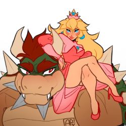 Rule 34 | 1boy, 1girl, artzypaw, blonde hair, blue eyes, blush, bowser, breasts, bridal gauntlets, commentary request, crown, dress, earrings, fangs, high heels, highres, horns, jewelry, legs, crossed legs, lips, long hair, mario (series), nintendo, on shoulder, pink dress, pink footwear, princess peach, red hair, short hair, simple background, sitting, sitting on person, sitting on shoulder, smile, spiked shell, spikes, thick eyebrows, turtle shell, white background