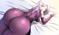 Rule 34 | 1girl, absurdres, anastasia (fate), artist request, ass, bed, blush, bodysuit, breasts, cameltoe, cosplay, fate/grand order, fate (series), from behind, gloves, green eyes, highres, huge ass, large breasts, long hair, looking at viewer, lying, on stomach, one eye closed, pantyhose, scathach (fate), scathach (fate) (cosplay), shiny clothes, sideboob, silver hair, skin tight, solo, spanked, tears, wince