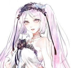 Rule 34 | 1girl, bare shoulders, detached collar, dress, euryale (fate), fate/grand order, fate (series), frilled hairband, frills, hairband, jewelry, light purple hair, long hair, looking at viewer, necklace, parted bangs, parted lips, simple background, solo, tenobe, twintails, very long hair, white background, white dress, yellow eyes