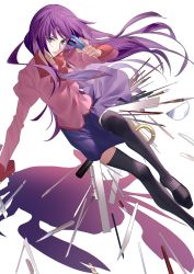 Rule 34 | 1girl, action, baaji, bakemonogatari, black footwear, black thighhighs, blue eyes, blue skirt, breasts, collarbone, crab, floating, foot out of frame, full body, hand up, highres, holding, juliet sleeves, legs, loafers, long hair, long sleeves, looking at viewer, mechanical pencil, monogatari (series), naoetsu high school uniform, necktie, pen, pencil, pink shirt, pleated skirt, puffy sleeves, purple hair, purple necktie, ruler, school uniform, scissors, senjougahara hitagi, shadow, shirt, shoes, sidelocks, simple background, skirt, solo, stapler, stationery, tape, thighhighs, white background, zettai ryouiki