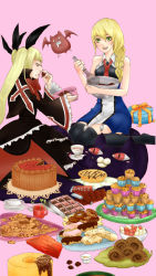 Rule 34 | 2girls, arc system works, bat (animal), blazblue, blonde hair, braid, cake, candy, cat, chocolate, chocolate bar, chocolate heart, chocolate making, cookie, cupcake, doughnut, drooling, food, gii, green eyes, heart, highres, long hair, mixing bowl, multiple girls, nago, noel vermillion, pink background, plate, plate stack, pocky, rachel alucard, red eyes, simple background, swiss roll, thighhighs, twintails, whisk