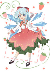 Rule 34 | 1girl, absurdres, black footwear, blue eyes, blue hair, blush, bow, center frills, cirno, commentary, dress, fang, flower, food, food print, frills, fruit, full body, hair bow, hair flower, hair ornament, highres, ice, ice wings, light blue hair, long sleeves, mary janes, medium hair, open mouth, pahenyon, pinafore dress, red bow, shirt, shoes, simple background, skirt hold, sleeveless dress, smile, socks, solo, standing, strawberry, strawberry day, strawberry dress, strawberry print, touhou, white background, white shirt, white socks, wings
