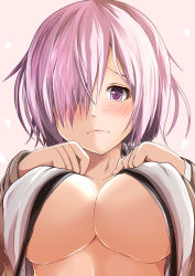 Rule 34 | 1girl, absurdres, bad id, bad pixiv id, blush, breast suppress, breasts, center opening, closed mouth, eyelashes, fate/grand order, fate (series), hair over one eye, hands on breasts, hands on own chest, heart, highres, kanzaki kureha, looking at viewer, mash kyrielight, medium breasts, one eye covered, purple eyes, purple hair, short hair, simple background, solo, underboob, upper body