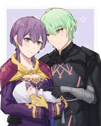 Rule 34 | 1boy, 1girl, 1other, baby, bernadetta von varley, blush, breasts, byleth (fire emblem), byleth (male) (fire emblem), cleavage, closed eyes, closed mouth, dagger, dress, fire emblem, fire emblem: three houses, floral background, gloves, green eyes, green hair, grey eyes, highres, holding, holding person, husband and wife, if they mated, jewelry, knife, long sleeves, nintendo, purple background, purple dress, purple hair, ribbon, ring, sheath, sheathed, short hair, simple background, sleeping, smile, weapon, wedding ring, witchiarts, yellow gloves