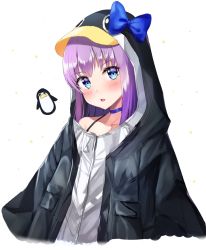 Rule 34 | 1girl, animal hood, bird, black jacket, blue bow, blue choker, blue eyes, blush, bow, choker, collarbone, commentary request, cropped torso, fate/grand order, fate (series), head tilt, highres, hood, hood up, hooded jacket, jacket, kubong, long hair, looking at viewer, meltryllis, meltryllis (fate), meltryllis (swimsuit lancer) (fate), meltryllis (swimsuit lancer) (first ascension) (fate), parted lips, penguin, penguin hood, purple hair, revision, simple background, solo, upper body, white background