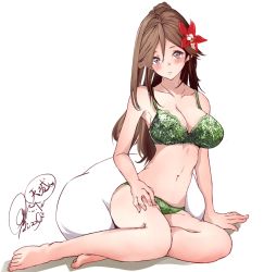Rule 34 | 1girl, amagi (kancolle), blush, bra, breasts, brown eyes, brown hair, cleavage, collarbone, flower, full body, green bra, green panties, hair flower, hair ornament, kantai collection, large breasts, lingerie, looking at viewer, panties, ponytail, rizzl, simple background, solo, underwear, underwear only, white background