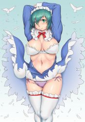 Rule 34 | 1girl, aqua hair, arms behind head, bird, blue background, blush, bow, bra, breasts, breasts apart, cameltoe, closed mouth, commentary request, covered erect nipples, feathers, feet out of frame, gradient background, green eyes, hair between eyes, highres, large breasts, looking at viewer, looking to the side, maid headdress, medium hair, my maid (orizen), navel, open clothes, original, orizen, panties, purple panties, red bow, short hair, side-tie panties, solo, split mouth, tareme, thick thighs, thighhighs, thighs, underwear, white background, white bra, white thighhighs