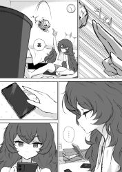 Rule 34 | 1girl, barefoot, blue archive, book, cellphone, clock, closed mouth, comic, commentary request, electrical outlet, feet, frown, greyscale, hair between eyes, halo, highres, indoors, iroha (blue archive), kogetail, long hair, monochrome, narrowed eyes, panties, phone, pile of books, shaded face, sidelocks, slit pupils, smartphone, solo, throwing, toes, topless, towel, towel around neck, trash, trash can, underwear, very long hair, wavy hair