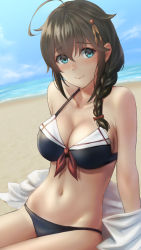 Rule 34 | 1girl, adapted costume, ahoge, arm support, bare shoulders, beach, bikini, black bikini, black hair, blue eyes, braid, breasts, cleavage, closed mouth, collarbone, day, front-tie bikini top, front-tie top, hair between eyes, hair flaps, hair over shoulder, hair ribbon, highres, kantai collection, kokuzou, leaning back, long hair, looking at viewer, medium breasts, navel, ocean, outdoors, red ribbon, ribbon, shigure (kancolle), shigure kai ni (kancolle), single braid, sitting, smile, solo, stomach, swimsuit, water