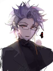 Rule 34 | 1boy, 404notfind000, bespectacled, black jacket, black shirt, chinese commentary, commentary request, glasses, hatsutori hajime, heart, highres, jacket, male focus, open clothes, open jacket, open mouth, purple hair, rectangular eyewear, red eyes, saibou shinkyoku, semi-rimless eyewear, shirt, short hair, simple background, sketch, solo focus, spoken heart, theodore riddle, turtleneck, turtleneck shirt, white background