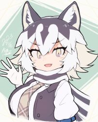Rule 34 | animal ears, blush, collared shirt, eastern wolf (kemono friends), fang, gloves, grey eyes, grey hair, grey necktie, grey scarf, grey vest, hair between eyes, highres, kemono friends, kitsunetsuki itsuki, long sleeves, looking at viewer, multicolored hair, necktie, open clothes, open mouth, open vest, plaid necktie, scarf, shirt, short hair, sidelocks, two-tone hair, two-tone scarf, vest, waving, white gloves, white hair, white scarf, white shirt, wolf ears, wolf girl