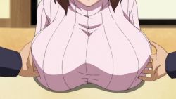 Rule 34 | 10s, animated, animated gif, grabbing another&#039;s breast, breasts squeezed together, breasts, brown hair, deep skin, grabbing, head out of frame, hhh triple ecchi, huge breasts, konami (hhh triple ecchi), sleep molestation, sleeping, sweater