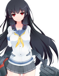 Rule 34 | 10s, 1girl, black hair, breasts, cover-d, gloves, hair ribbon, isokaze (kancolle), kantai collection, long hair, looking at viewer, miniskirt, red eyes, ribbon, school uniform, serafuku, simple background, skirt, smile, solo, white background