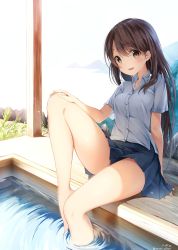 Rule 34 | 1girl, :d, absurdres, arm support, artist name, bare legs, barefoot, blue skirt, blush, breasts, brown eyes, brown hair, collarbone, collared shirt, commentary request, day, dress shirt, forest, grass, grey shirt, hair between eyes, hand on own knee, highres, knee up, lens flare, long hair, long sleeves, looking at viewer, miniskirt, mountain, multiple girls, nature, nyum, ocean, open mouth, original, outdoors, partially submerged, plant, pleated skirt, reclining, rock, school uniform, shirt, signature, sitting, skirt, sky, small breasts, smile, soaking feet, solo, tree, twitter username, wading, water
