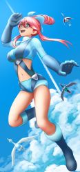 Rule 34 | 1girl, :d, absurdres, arm up, blue eyes, blue footwear, blue gloves, blue jacket, blue shorts, blue sky, boots, breasts, cloud, commentary request, creatures (company), cropped jacket, day, elbow gloves, female focus, floating, floating hair, flying, full body, game freak, gen 2 pokemon, gen 5 pokemon, gloves, hair between eyes, hair ornament, highres, jacket, large breasts, long hair, looking up, midriff, nabe puyo, navel, nintendo, one side up, open mouth, pokemon, pokemon (creature), pokemon bw, pouch, red hair, short shorts, shorts, sidelocks, skarmory, sky, skyla (pokemon), smile, solo focus, swanna, swept bangs, thigh pouch, turtleneck, turtleneck jacket, unfezant, unfezant (male)