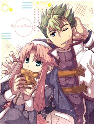 Rule 34 | 1boy, 1girl, blue eyes, earrings, eating, eiyuu densetsu, english text, food, green eyes, highres, holding, holding food, jacket, jewelry, kevin graham, leaning on person, looking at viewer, mishy, multicolored hair, nun, pink hair, ries argent, satsuki (chaosmode), sora no kiseki, spiked hair, traditional nun, twintails, two-tone hair