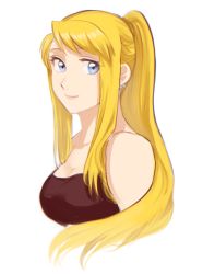 Rule 34 | 1girl, bare arms, bare shoulders, blonde hair, blue eyes, breasts, cleavage, earrings, eyelashes, fullmetal alchemist, happy, highres, jewelry, long hair, looking to the side, medium breasts, ozaki (tsukiko3), ponytail, simple background, smile, solo, strapless, tube top, upper body, white background, winry rockbell