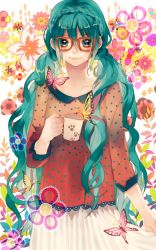 Rule 34 | 1girl, aqua eyes, aqua hair, bad id, bad pixiv id, bespectacled, bug, butterfly, casual, cup, flower, glasses, hatsune miku, bug, light smile, lips, long hair, looking at viewer, low twintails, mug, paw print, polka dot, red-framed eyewear, skirt, smile, solo, standing, tsukioka tsukiho, twintails, very long hair, vocaloid, wavy hair