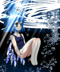 Rule 34 | 1girl, air bubble, barefoot, blue eyes, blue hair, cirno, feet, light rays, matching hair/eyes, one-piece swimsuit, school swimsuit, shishou (absolute area), short hair, solo, sunbeam, sunlight, swimsuit, touhou, underwater, wings