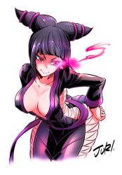 Rule 34 | 1girl, alternate costume, ass, black hair, breasts, cleavage, covered erect nipples, drill hair, evil smile, glowing, glowing eye, han juri, leaning forward, looking down, marimo (yousei ranbu), revealing clothes, smile, solo, street fighter, street fighter iv (series), twin drills