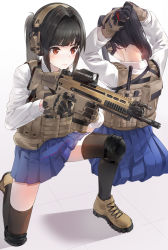 Rule 34 | 1girl, ammunition pouch, assault rifle, black hair, black thighhighs, blue skirt, boots, brown eyes, closed mouth, cross-laced footwear, fn scar, gun, headphones, highres, holding, holding gun, holding weapon, kfr, knee pads, kneeling, lace-up boots, medium hair, military, multiple views, on one knee, original, pleated skirt, ponytail, pouch, rifle, shirt, skirt, thighhighs, trigger discipline, tying hair, weapon, white background, white shirt