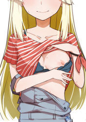 Rule 34 | 1girl, bang dream!, blonde hair, blush, bra, bracelet, breasts, closed mouth, clothes lift, collarbone, green bra, head out of frame, highres, jewelry, lifting own clothes, lips, long hair, medium breasts, morisobo, nipples, one breast out, overalls, red shirt, shirt, shirt lift, short sleeves, simple background, smile, solo, strap slip, striped clothes, striped shirt, sweat, tsurumaki kokoro, underwear, upper body, white background