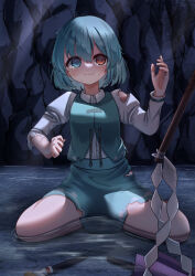Rule 34 | 1girl, @ @, absurdres, blue hair, blue skirt, blue vest, closed mouth, commentary request, full body, gohei, heterochromia, highres, kneeling, long sleeves, outdoors, short hair, sitting, skirt, smile, solo, tatara kogasa, torn clothes, touhou, tsubakipan, vest, wading