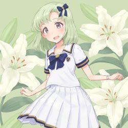 Rule 34 | 1girl, blue bow, blush, bow, bowtie, commentary, cowboy shot, floral background, flower, green background, green hair, grey eyes, hair bow, highres, idolmaster, idolmaster (classic), idolmaster million live!, idolmaster million live! theater days, idolmaster stella stage, lily (flower), looking at viewer, mole, mole under eye, open mouth, pleated skirt, razi, school emblem, school uniform, shiika (idolmaster), short hair, short sleeves, skirt, smile, solo, standing, watch, white flower, white skirt, wristwatch