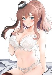 Rule 34 | 1girl, absurdres, bra, breasts, brown hair, commentary request, grey eyes, hair between eyes, highres, kantai collection, large breasts, long hair, looking at viewer, panties, ponytail, red thighhighs, saratoga (kancolle), side ponytail, sidelocks, simple background, smokestack, smokestack hair ornament, solo, thighhighs, underwear, underwear only, white background, white bra, white panties, yunamaro