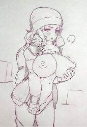 Rule 34 | 1girl, beanie, blush, breasts, cold, commentary request, corrupted twitter file, gloves, hat, highres, jacket, large breasts, long sleeves, looking at viewer, mole, mole under mouth, monochrome, navel, nipples, open clothes, open jacket, original, short hair, solo, standing, traditional media, tsukareta san