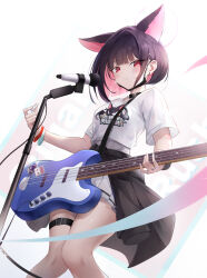 Rule 34 | 1girl, absurdres, animal ears, bass guitar, belt, black choker, black hair, black jacket, blue archive, blush, breasts, brs (33143752), cat ears, choker, clothes around waist, colored inner hair, commentary request, earrings, extra ears, feet out of frame, halo, highres, holding, holding instrument, holding plectrum, instrument, jacket, jacket around waist, jewelry, kazusa (band) (blue archive), kazusa (blue archive), looking at viewer, microphone, microphone stand, multicolored hair, official alternate costume, pink eyes, pink hair, pink halo, pleated skirt, plectrum, shirt, short hair, skirt, small breasts, solo, standing, stud earrings, sweat, thigh belt, thigh strap, white shirt, white skirt, wristband