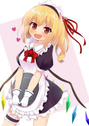 Rule 34 | 1girl, :d, alternate costume, apron, blonde hair, blush, bow, bowtie, breasts, bridal garter, commentary request, contrapposto, cowboy shot, crystal, dress, dutch angle, enmaided, fang, flandre scarlet, gloves, hair bobbles, hair ornament, hair ribbon, heart, holding, holding tray, looking at viewer, maid, maid apron, maid headdress, medium breasts, medium hair, one side up, open mouth, puffy short sleeves, puffy sleeves, red bow, red eyes, red neckwear, red ribbon, ribbon, short sleeves, skin fang, smile, standing, touhou, tray, white background, white gloves, wings, yuimari