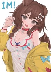 Rule 34 | 1girl, absurdres, animal collar, animal ears, blue bow, blush, bone hair ornament, bone print, bow, bracelet, braid, breasts, brown eyes, brown hair, choker, claw pose, cleavage, collar, dog ears, dog girl, dog tail, eyelashes, fang, hair ornament, hand up, highres, hololive, inugami korone, inugami korone (1st costume), jacket, jewelry, looking at viewer, medium breasts, meowtterin, off-shoulder jacket, off shoulder, open mouth, paw pendant, pendant choker, red bow, simple background, smile, solo, tail, twin braids, twintails, virtual youtuber, white background, yellow jacket
